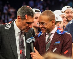 Gus Johnson interviewing Villanova men’s basketball head coach Jay Wright after the Wildcats won the 2019 Big East Conference championship.
